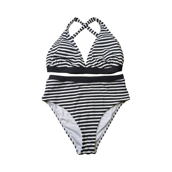 Striped Ribbed Bikini Highrise Bottoms & Crossback Halter Top Size S NWOT - Picture 3 of 7
